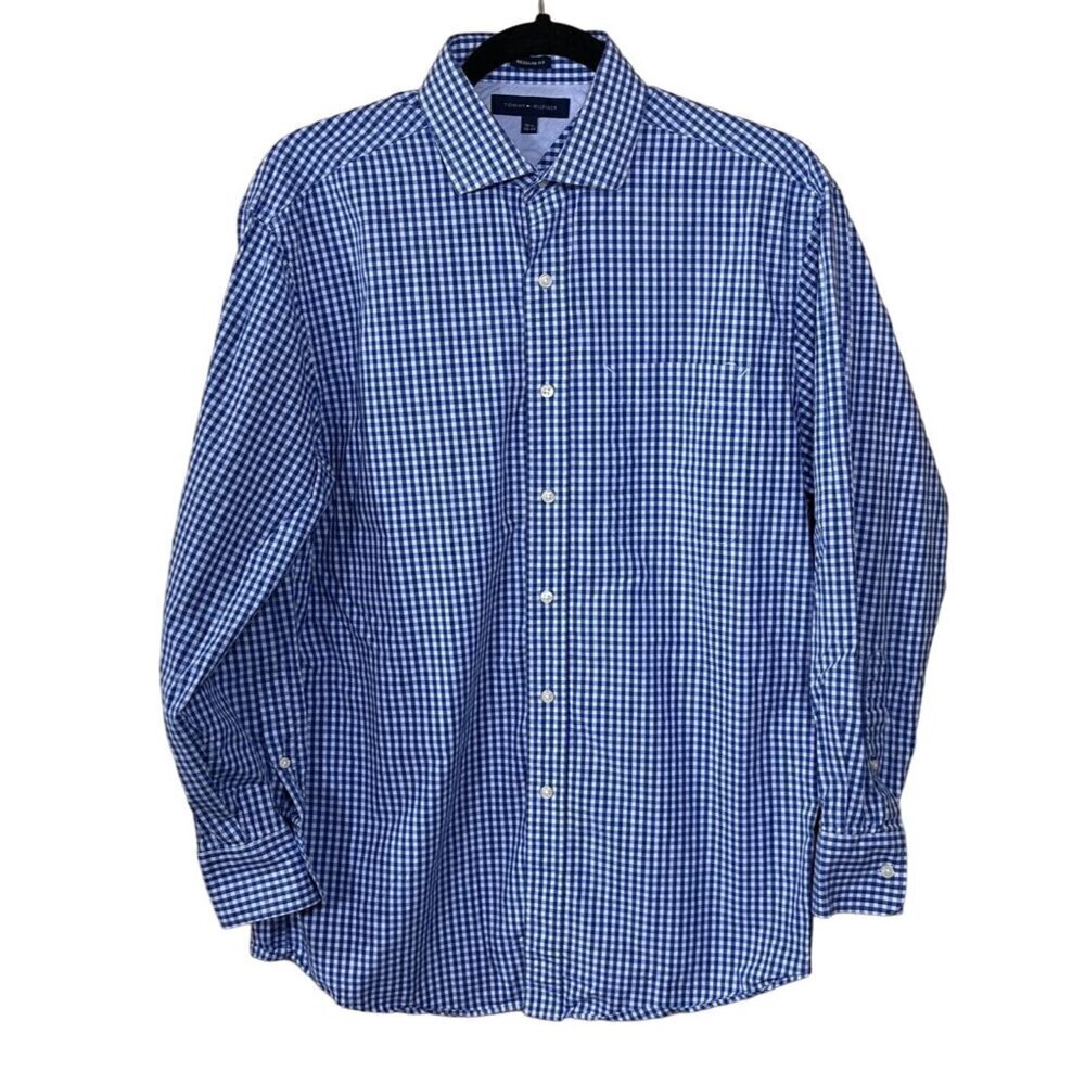 Tommy Hilfiger Men's Button Front Shirt Blue Gingham Regular Fit 15 1/2 (32-33)